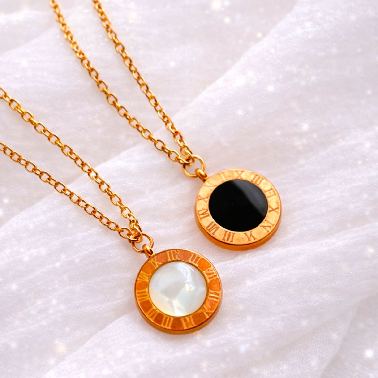 Double Sided Roman Numeral Pendant Black/White - Necklace (18k Gold Plated)